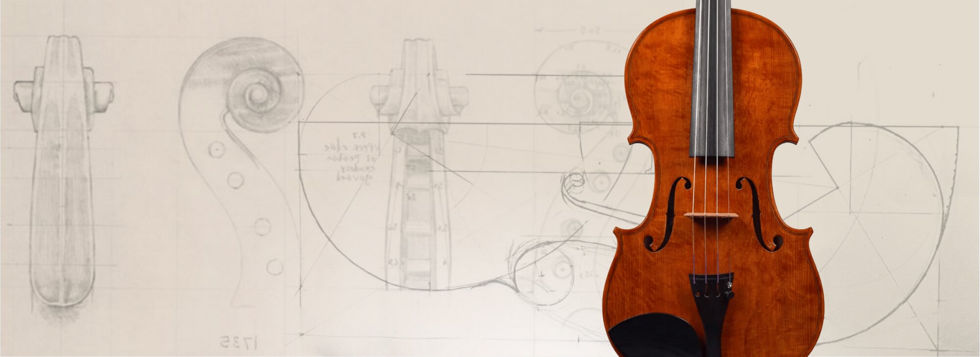 Violino sobre desenho técnico de luteria com medidas e proporções